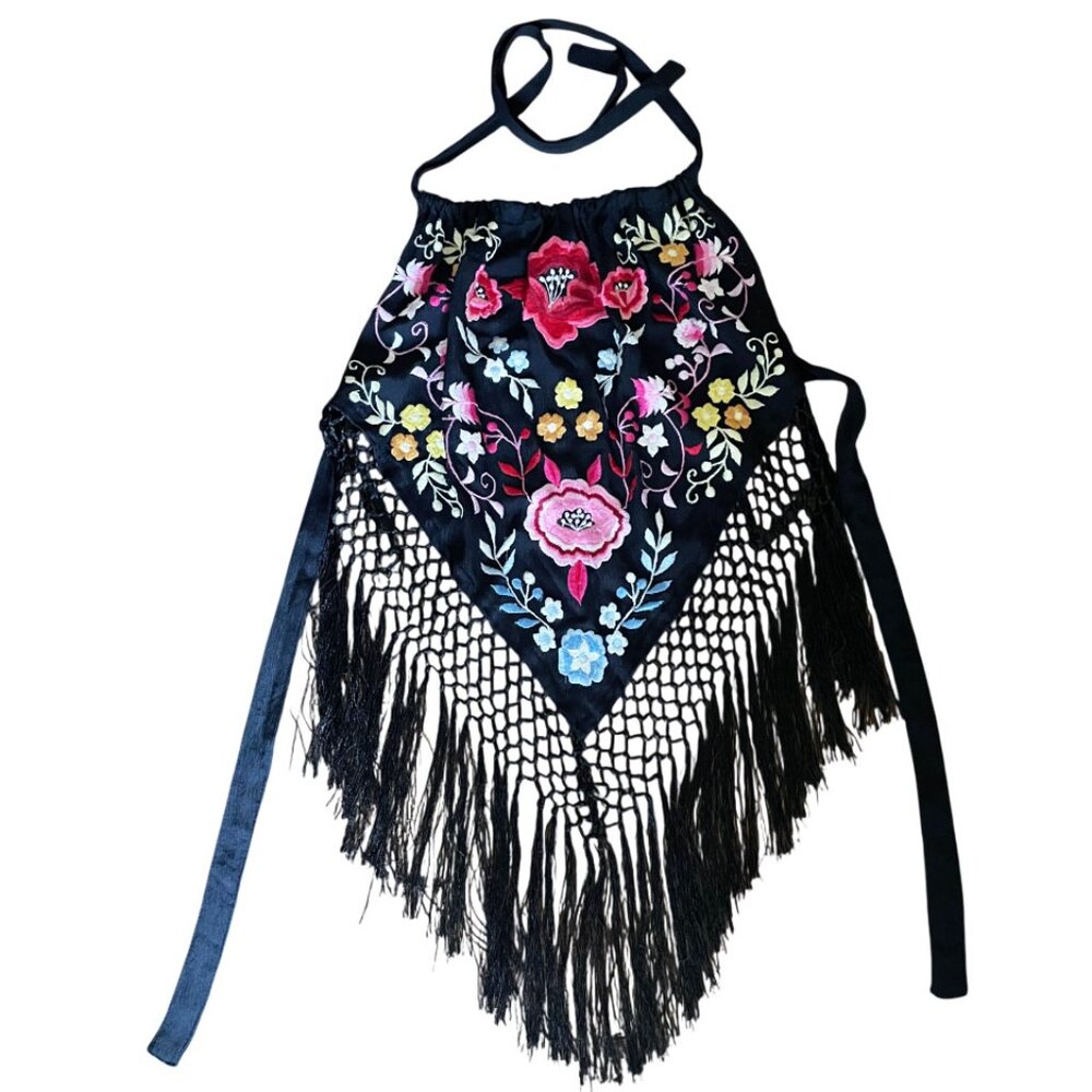 Black + Colorful Floral Embroidered Vintage Halter Top w/ Fringe Fairy Whimsey - Picture 2 of 7